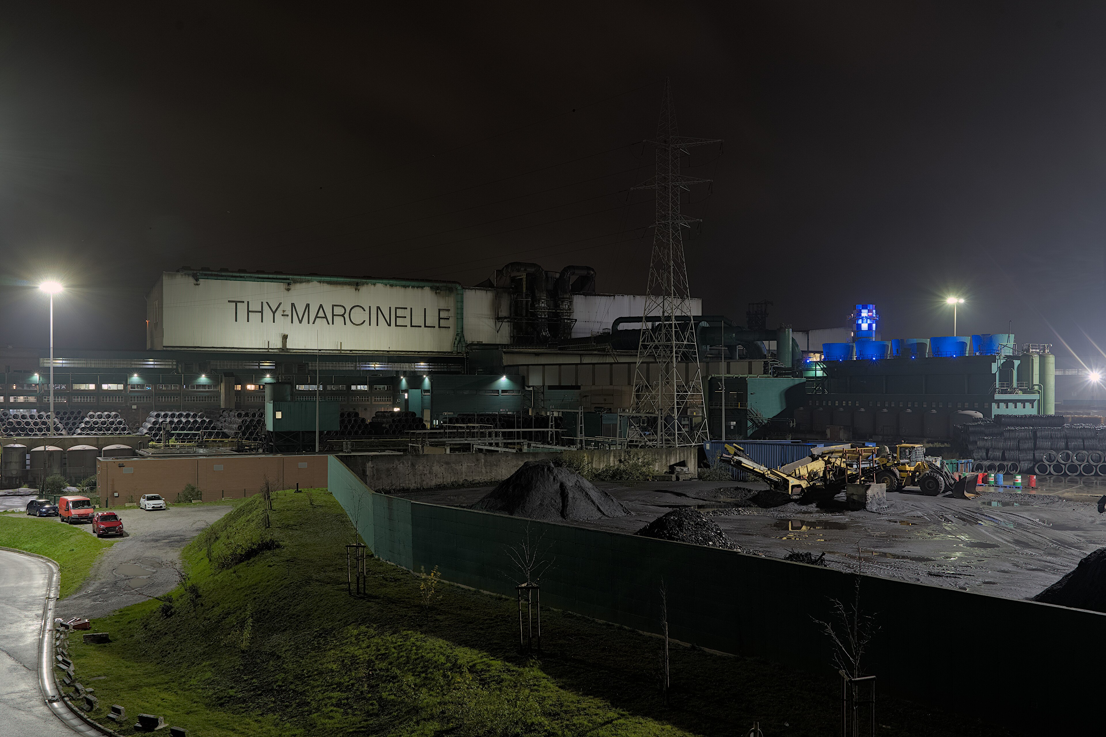 Thy-Marcinelle steelworks at night in Charleroi, Belgium