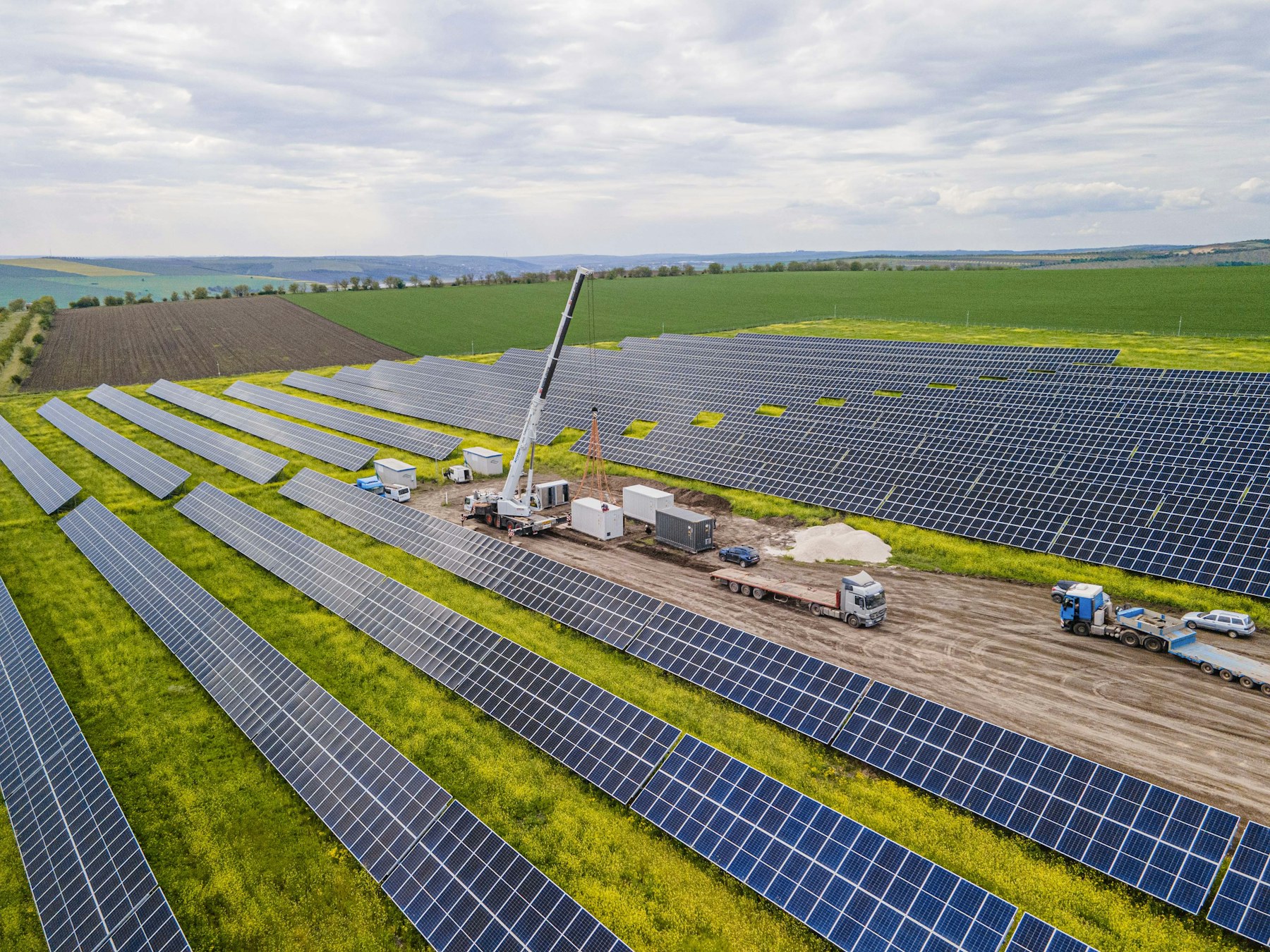 Aerial view of a solar farm under construction