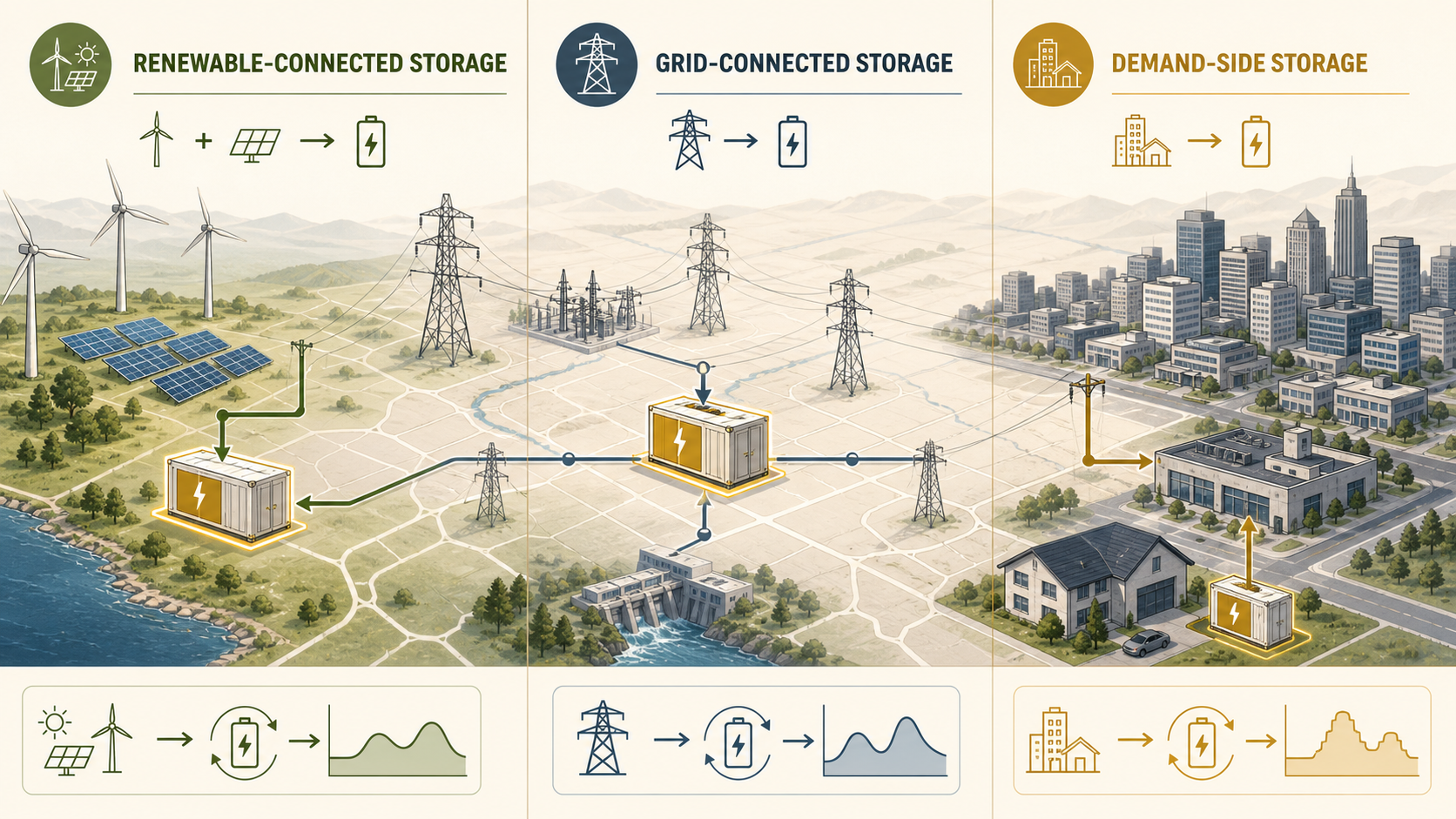 Editorial comparison of renewable-connected, grid-connected, and demand-side battery storage strategies
