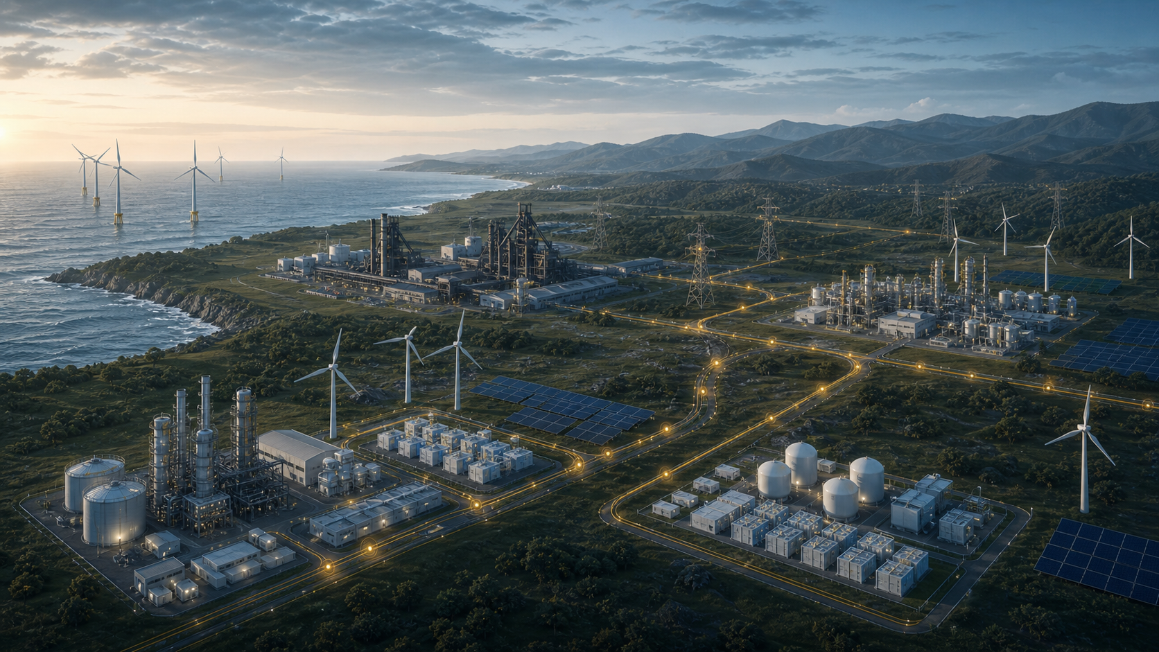 Editorial illustration of steel, ammonia, and methanol facilities connected to location-specific renewable energy and hydrogen infrastructure
