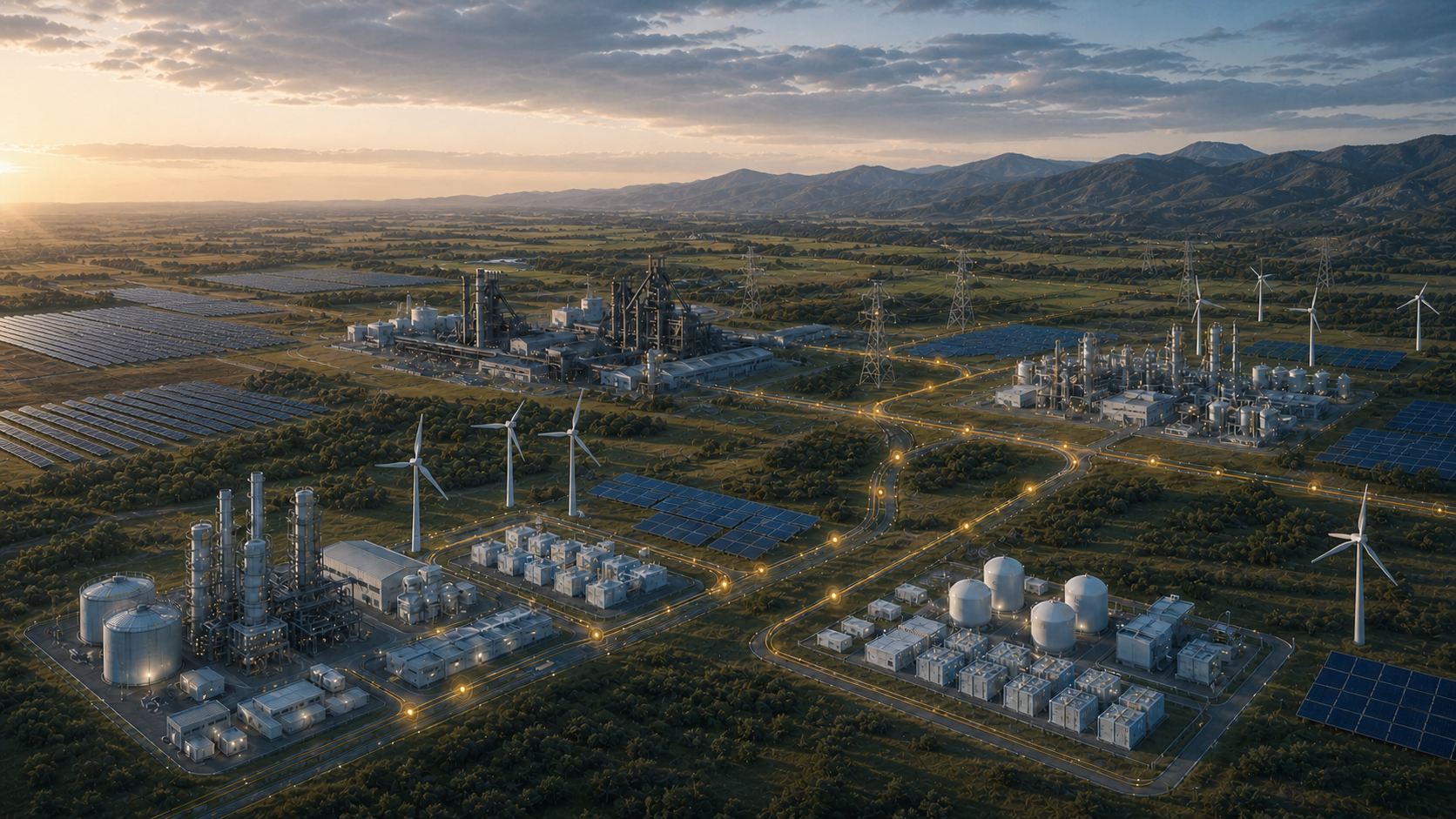 Editorial illustration of inland steel, ammonia, and methanol facilities connected to solar, onshore wind, grid, and hydrogen infrastructure