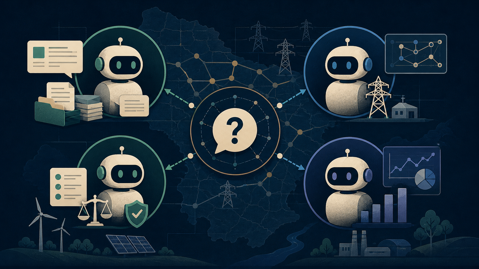 Editorial illustration of four specialist agents coordinating around a power-grid planning question