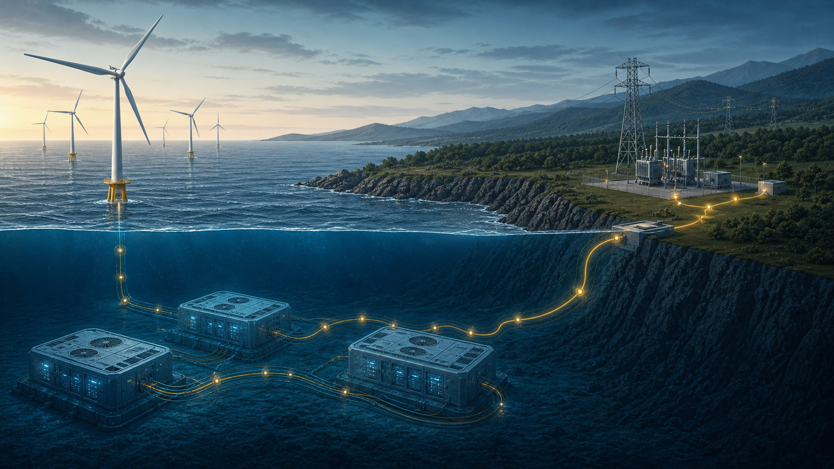 Editorial illustration of offshore wind turbines powering modular subsea data centers connected to a coastal grid