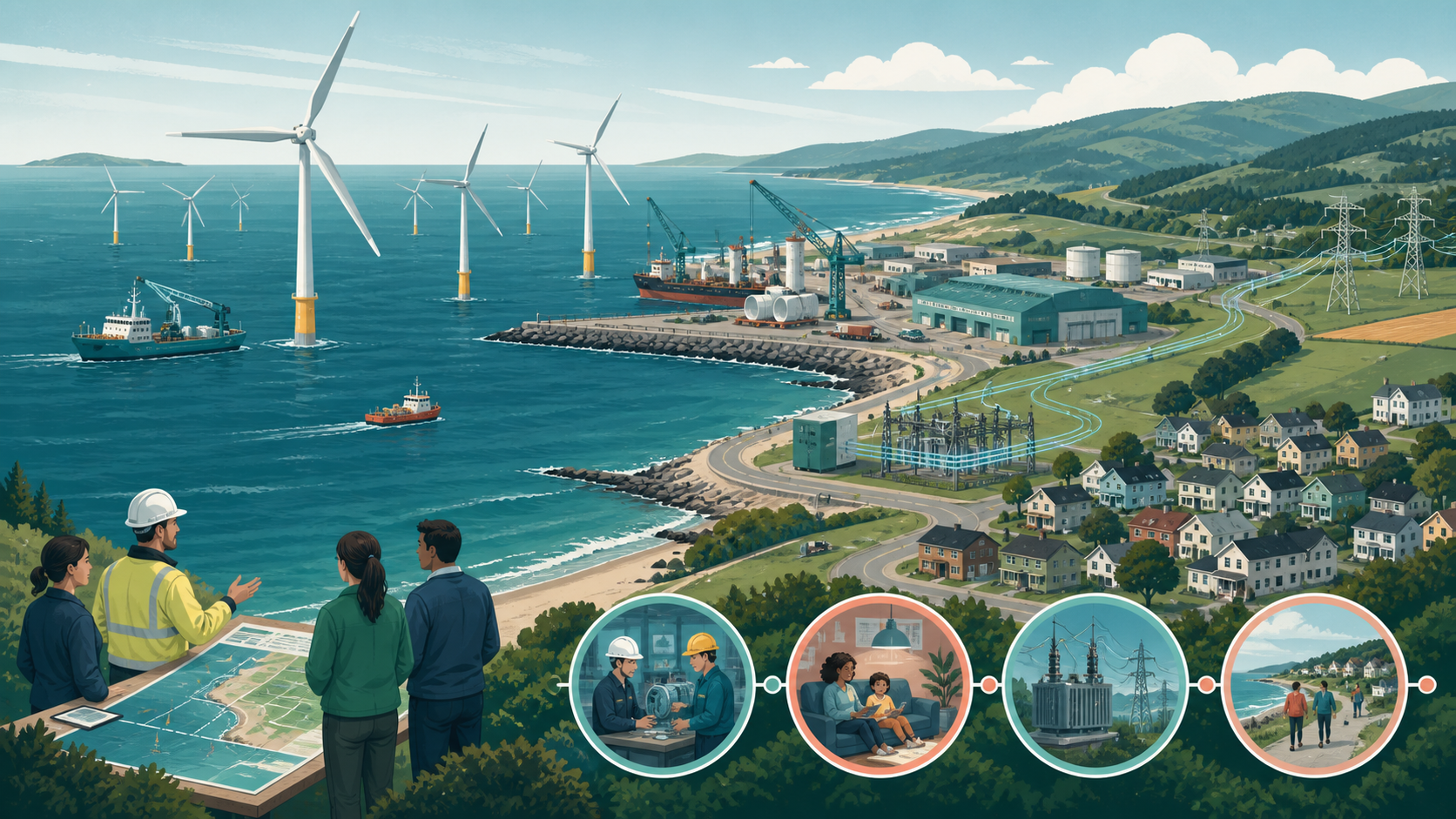 Editorial illustration of offshore wind development connected with port activity, local infrastructure, and a coastal community